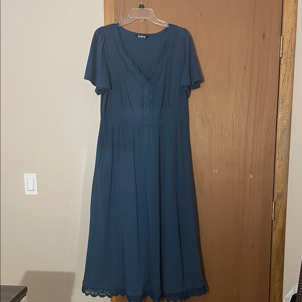 BloomChic Deep Blue Maxi Dress with Lace Detail